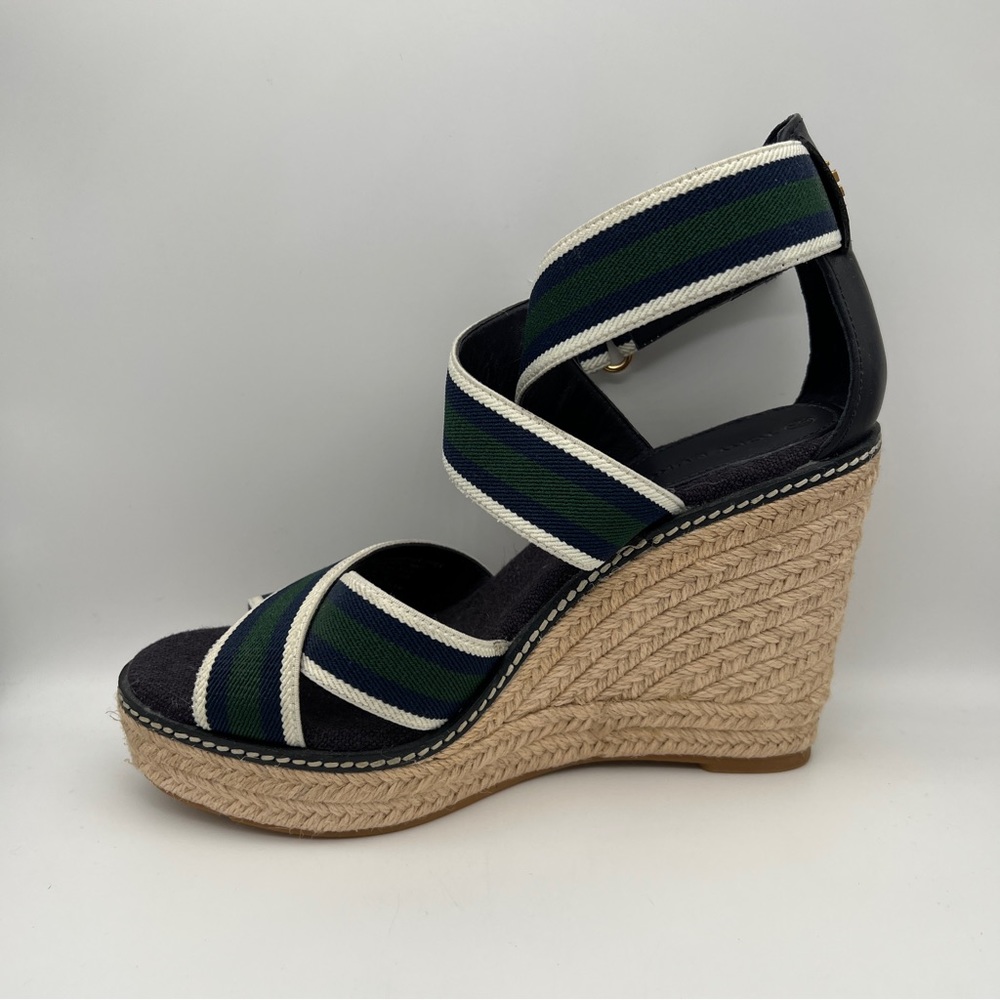 TORY BURCH Frieda Striped Espadrille Wedge Sandals - Green Blue Stripe - Sz 7.5 - Picture 8 of 11